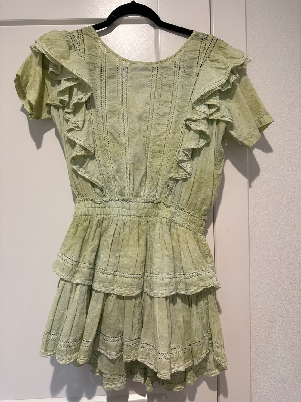 LoveShackFancy Pale Green Ruffled Eyelet Mini Dress